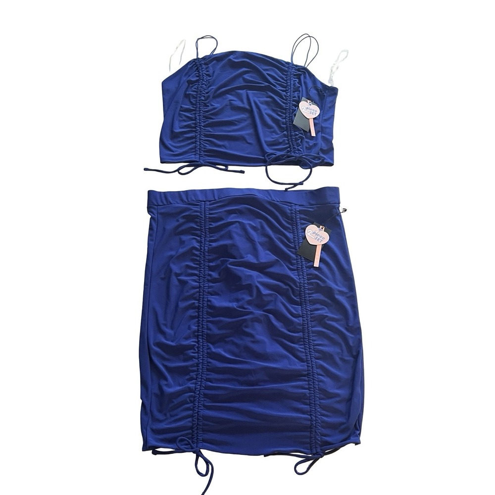 NWT Iris Women's Size 3X Skirt Set Royal Blue Bodycon Tie Ruched Cinch String
